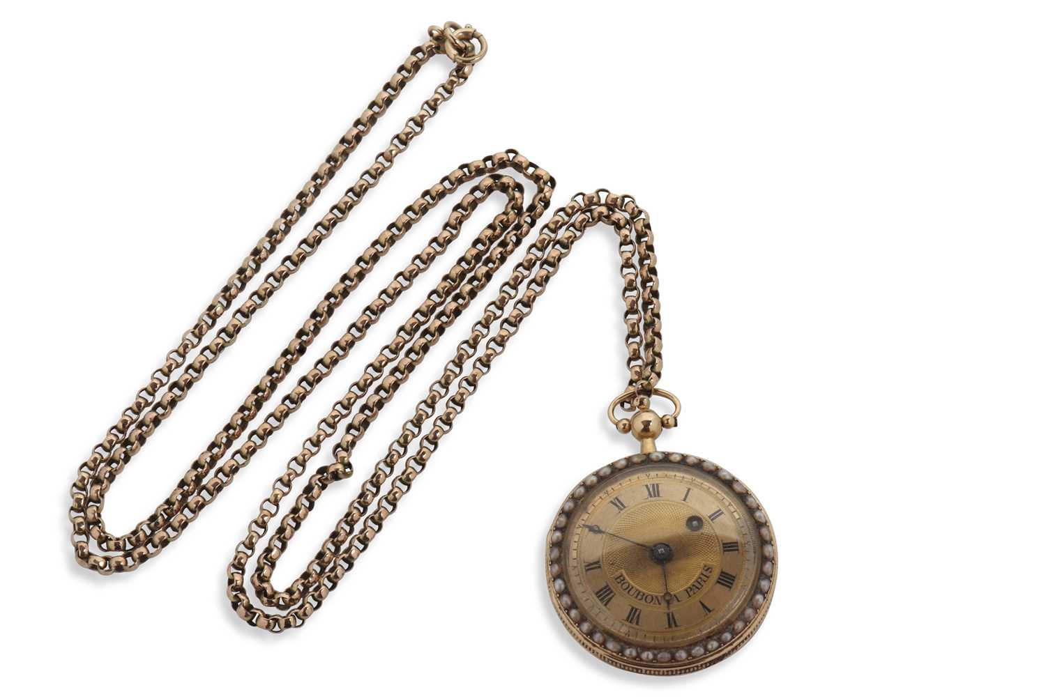 A Boubon a Paris mid grade yellow metal fob watch with chain, the pocket watch has a seed pearl