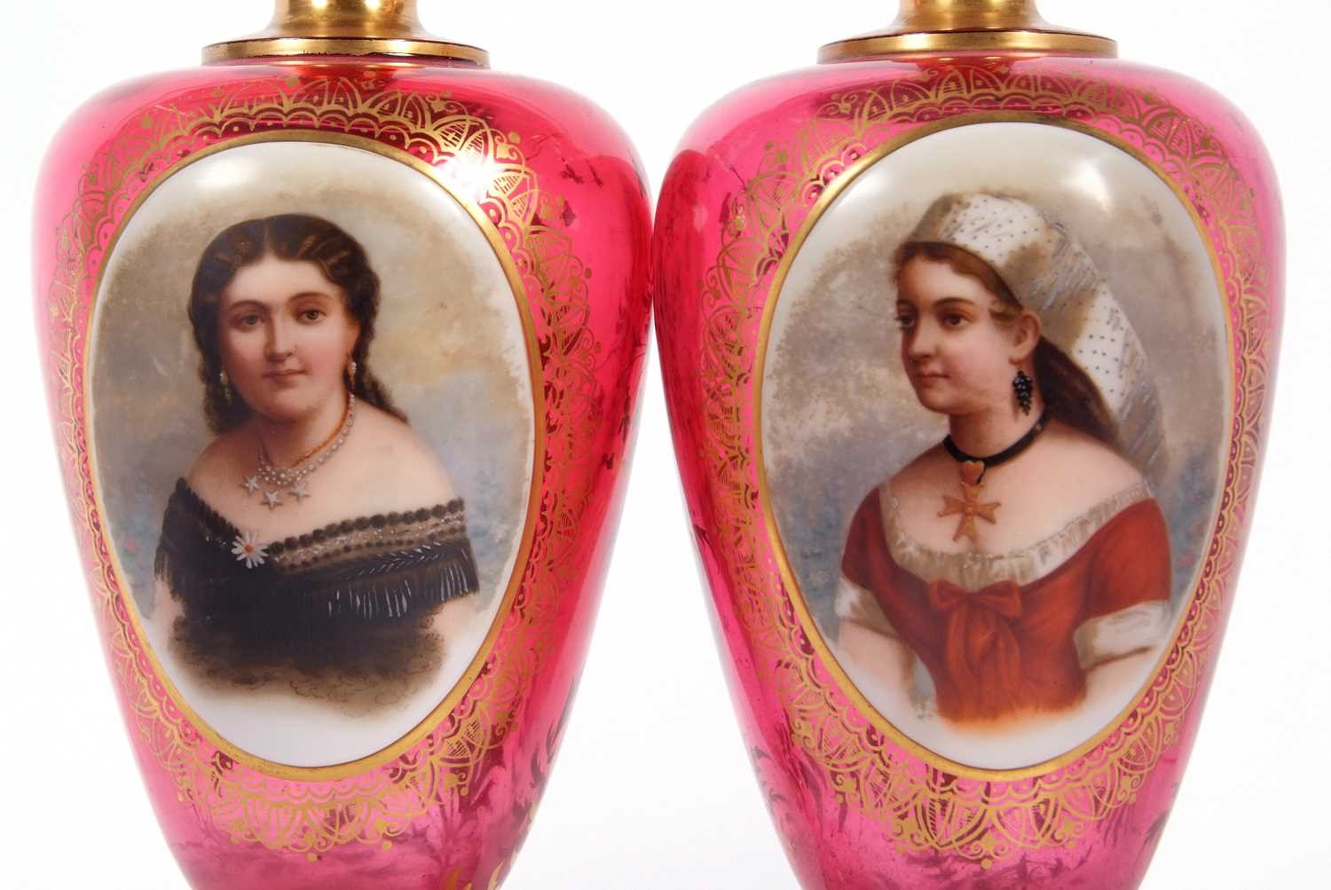 A pair of 19th Century continental ruby glass vases, finely painted with panels of young girls - Image 4 of 6