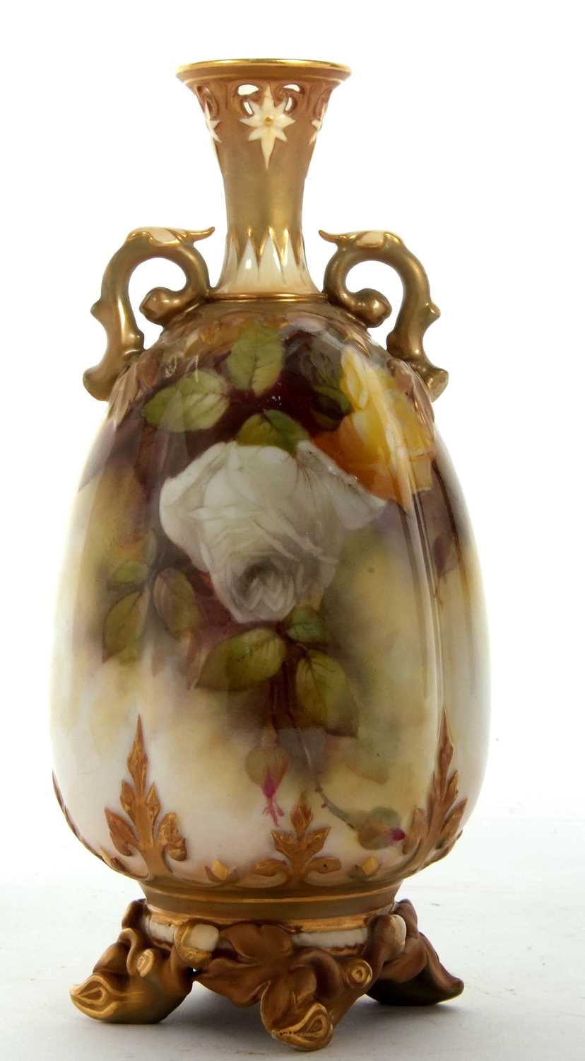 A Royal Worcester vase of lobed shape, finely painted with roses, signed by R Austin, with gilt - Image 2 of 8