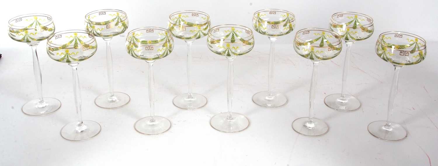 A set of ten Art Nouveau Thereisenthal enamelled hock glasses, each glass has a fine gold enamel - Image 2 of 3