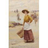 Ralph Todd (British,1856-1932), Fishergirl on the beach, watercolour, signed, 7x11ins, framed and