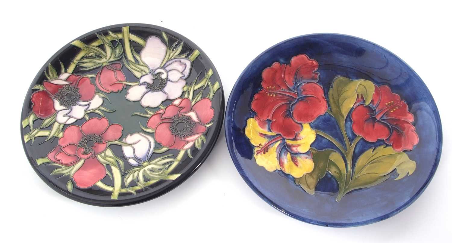 A Moorcroft pottery dish, 1950's, the blue ground with tubelined hibiscus pattern, WM signature to - Image 2 of 5