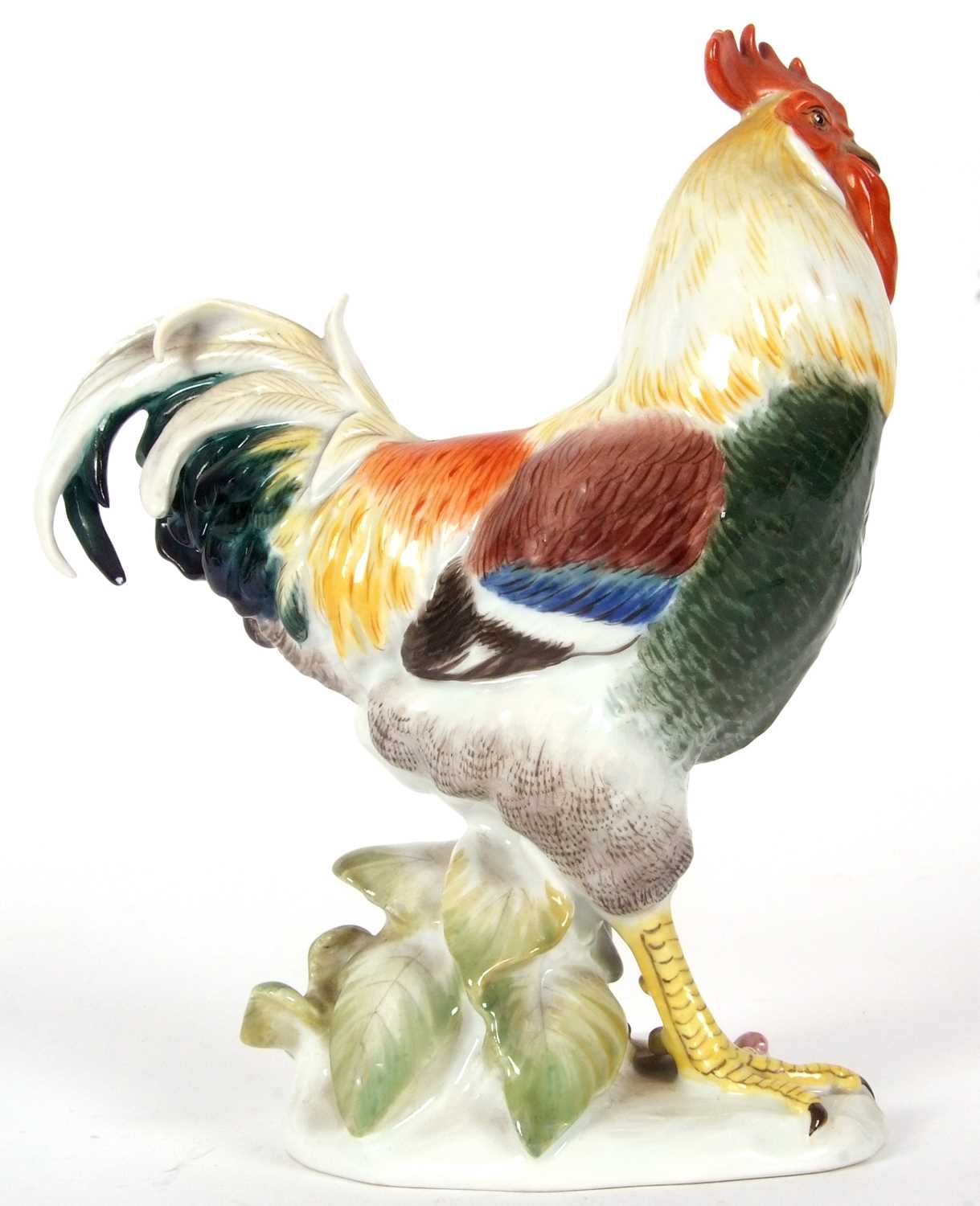 A 20th Century Meissen model of a cockerel, 18cm high, blue cross swords mark to base and - Image 4 of 6