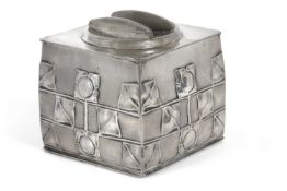 Archibald Knox for Liberty & Co, a pewter biscuit box and cover No 0149, cast with square florets