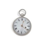 A silver cased Verge pocket watch with a white enamel dial and Roman numeral hour markers, it has