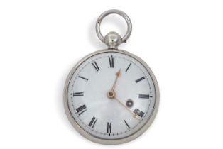 A silver cased Verge pocket watch with a white enamel dial and Roman numeral hour markers, it has