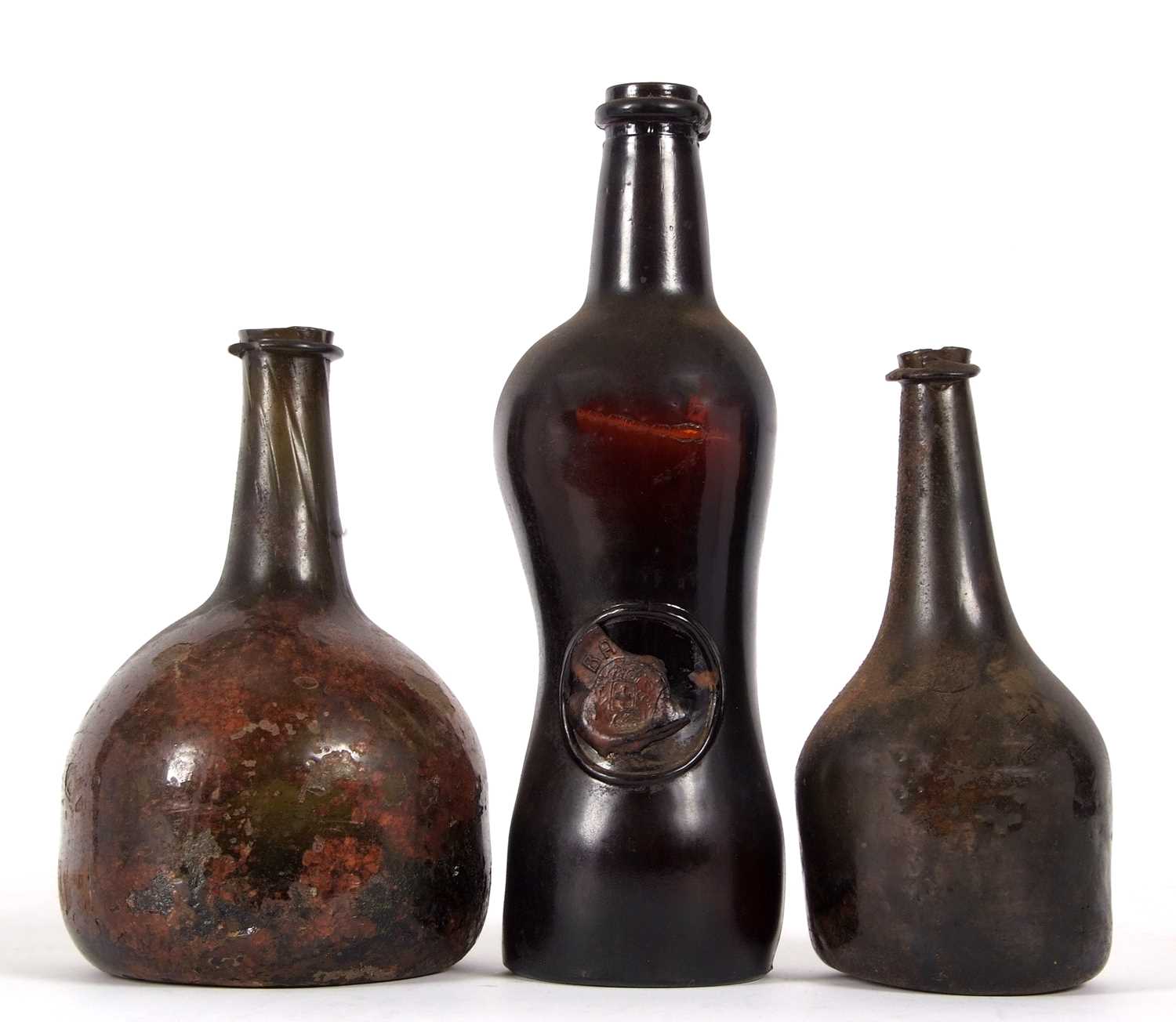 A group of three 18th Century wine bottles, one of onion shape, a further bottle of double gourd - Image 2 of 3