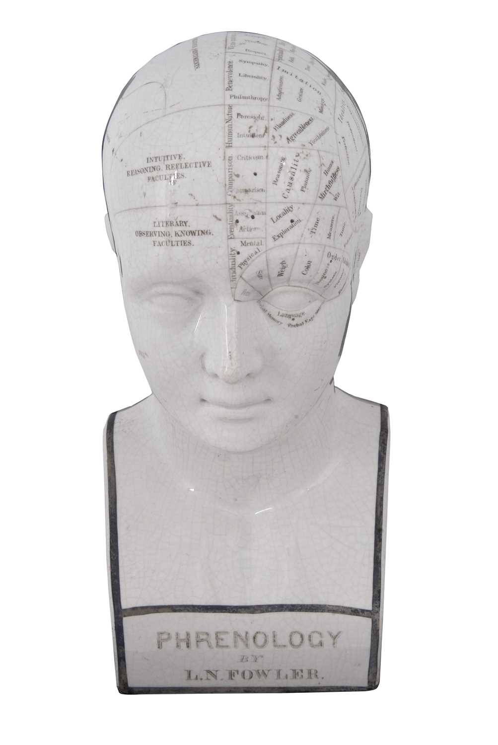 A LN Fowler ceramic phrenology head, late 19th Century, typically delineated with title to front and
