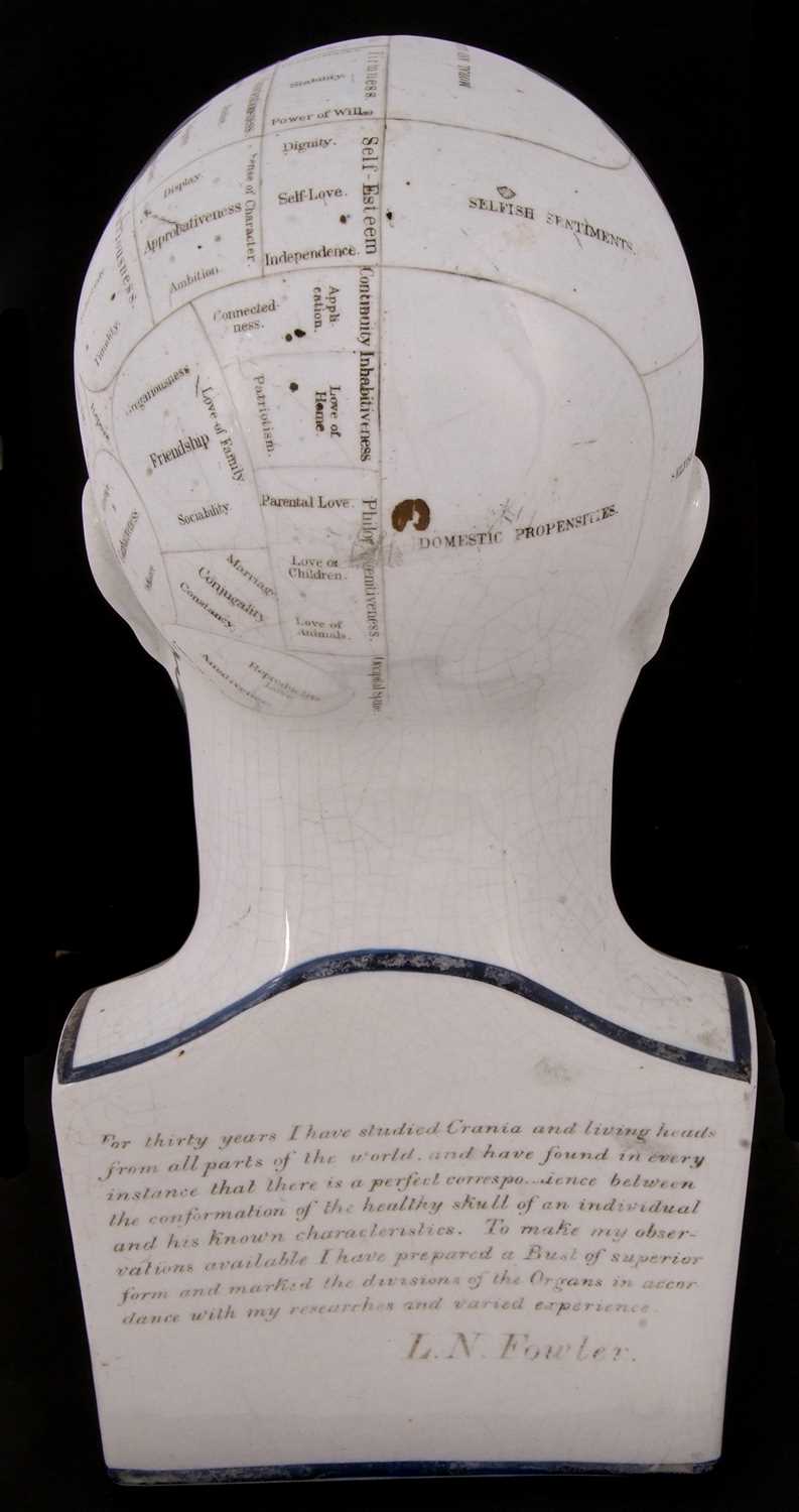 A LN Fowler ceramic phrenology head, late 19th Century, typically delineated with title to front and - Image 4 of 10