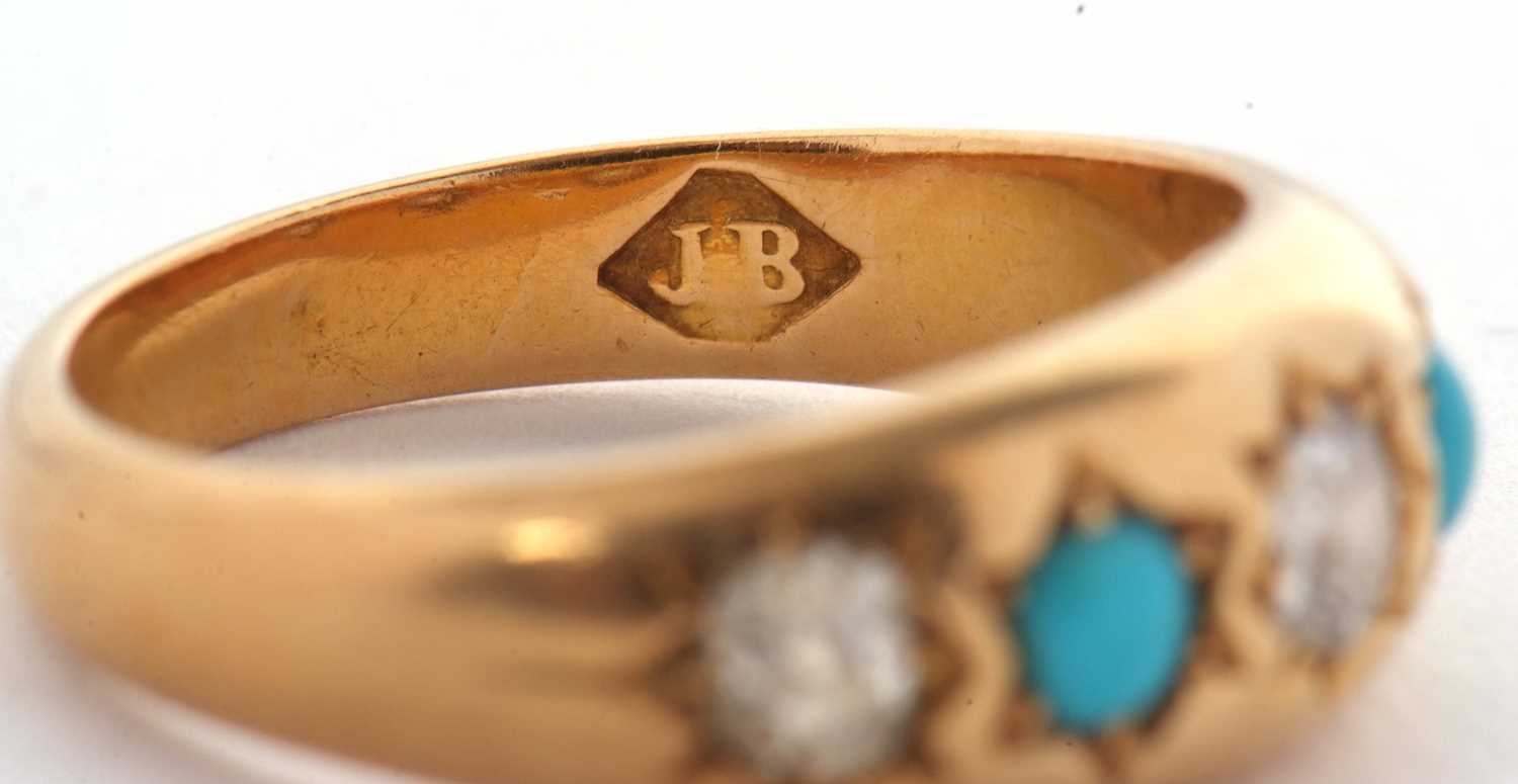 A late Victorian turquoise and diamond ring, the graduated alternating old mine cut diamonds and - Image 7 of 8