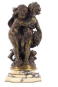 Auguste Moreau - Bronze study of two children with a bouquet of flowers, set on a stepped and turned