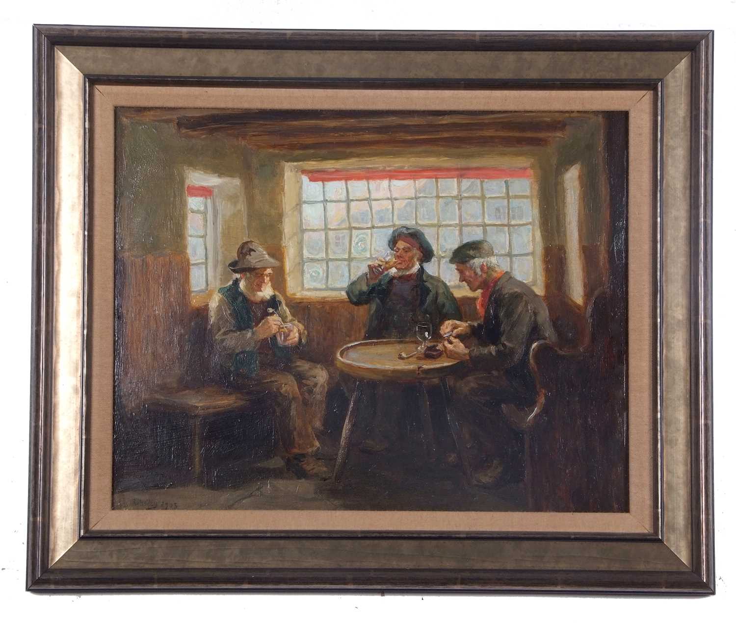 Ralph Hedley (British, 1848-1913), Interior scene depicting three men in a public house, oil on - Image 2 of 3