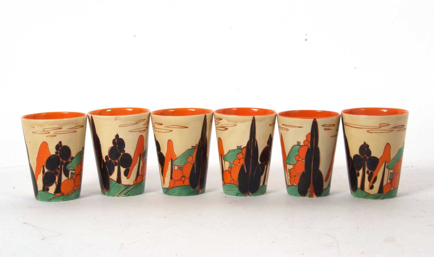 Set of Six Clarice Cliff Fantasque Bizzare Beakers with Trees and House Design - Image 3 of 5