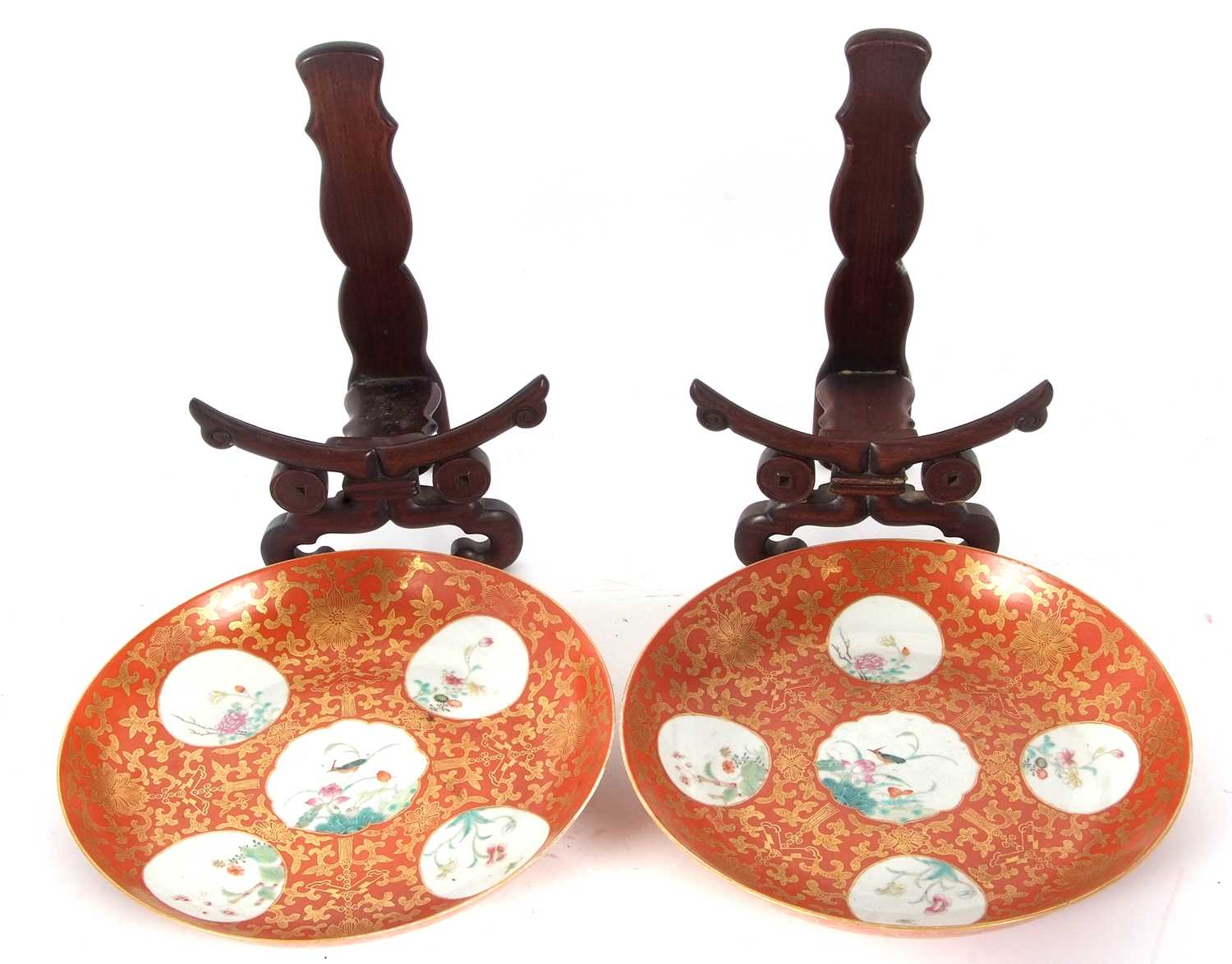 Two 19th Century Chinese porcelain coral ground bowls with gilt scroll decoration, each bowl - Image 4 of 6