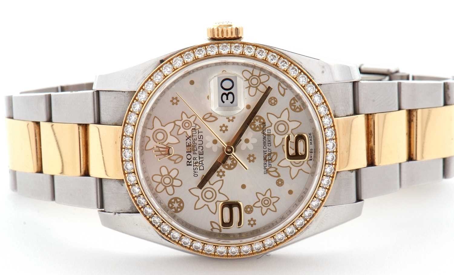 A Rolex Datejust 36, reference 116243, it has a two tone Oyster bracelet and a diamond bezel with - Image 8 of 18