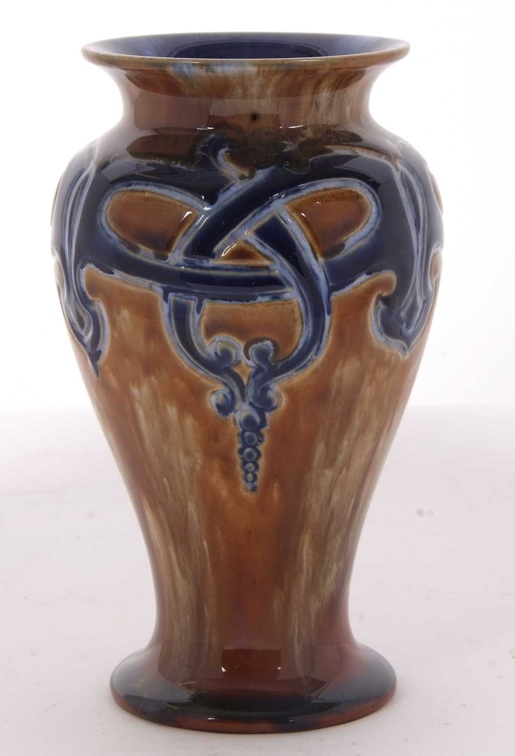 A Royal Doulton vase by Frank Pope, of baluster shape the brown ground with a blue Art Nouveau style - Image 3 of 4