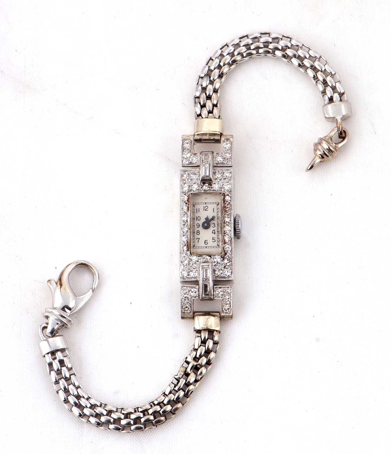 An Art Deco precious metal and diamond ladies wristwatch, the end link of the bracelet is stamped - Image 8 of 9