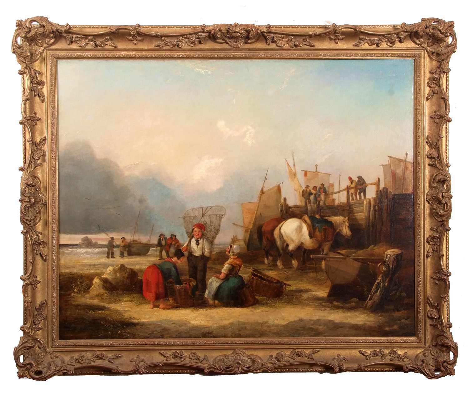 William Shayer (British,1787-1879), Harbour scene (possibly Yarmouth) with fisherfolk, horses and - Image 2 of 5