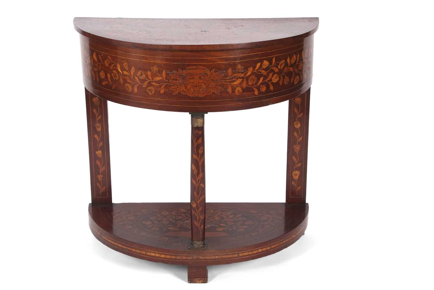 An early 19th Century Dutch demi lune box side table, the hinged top opening to reveal a lifting