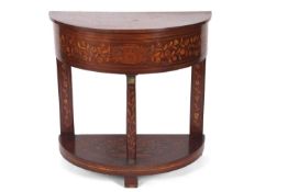 An early 19th Century Dutch demi lune box side table, the hinged top opening to reveal a lifting