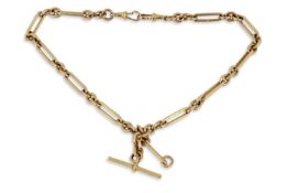 An antique 9ct gold watch chain comprising of eleven trombone links joined by groups of three oval
