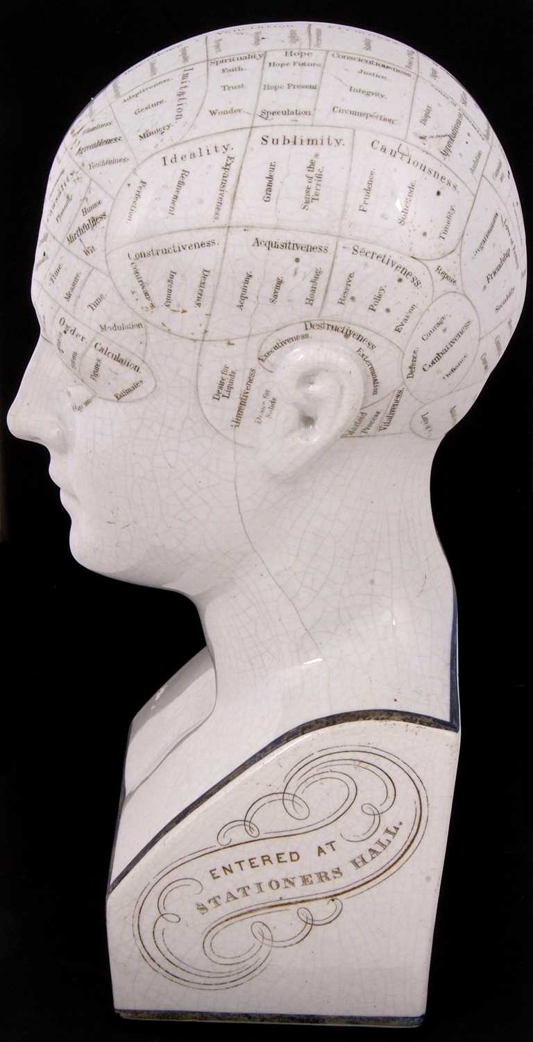 A LN Fowler ceramic phrenology head, late 19th Century, typically delineated with title to front and - Image 3 of 10