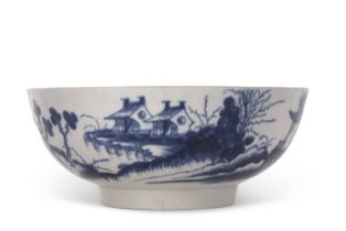 An 18th Century Worcester punch bowl, decorated in underglaze blue with the precipice patter,