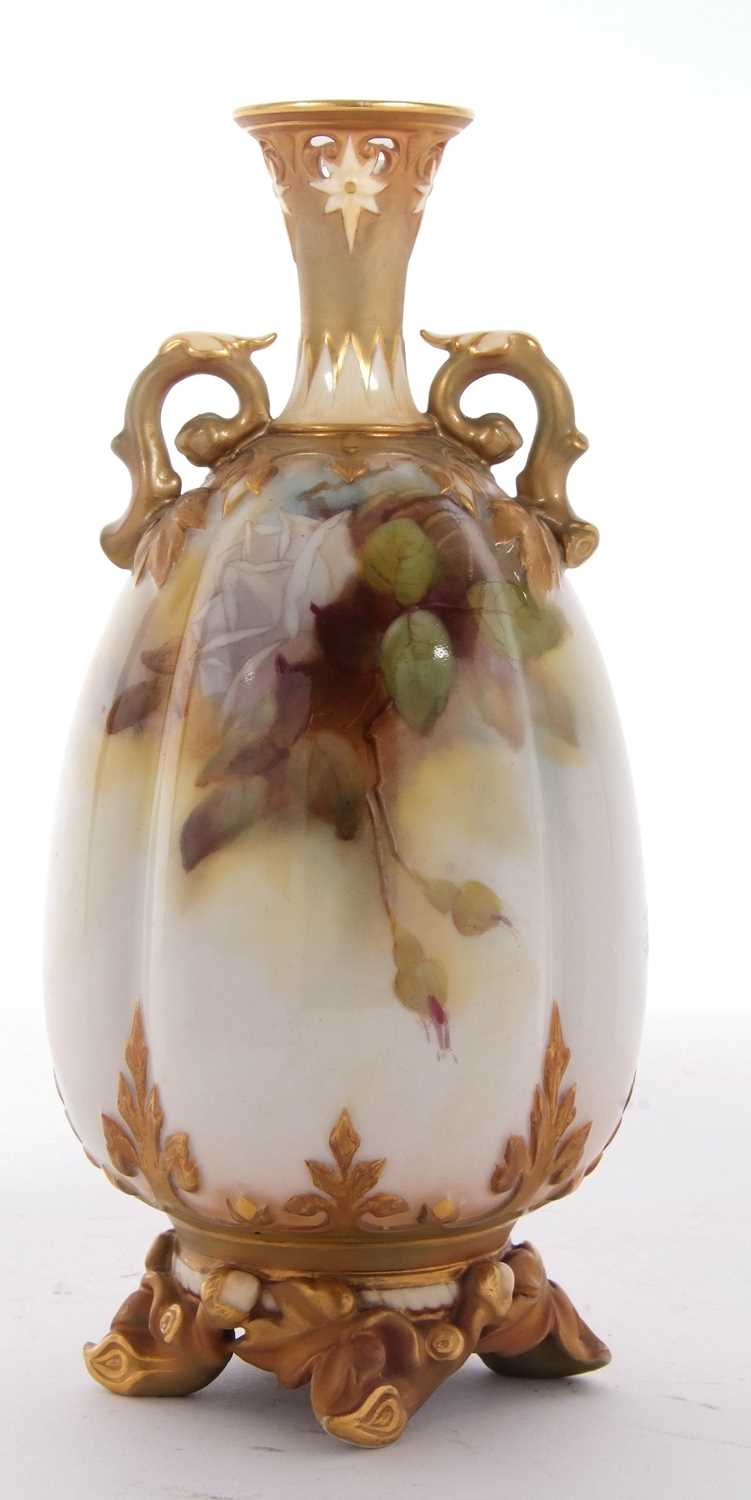 A Royal Worcester vase of lobed shape, finely painted with roses, signed by R Austin, with gilt - Image 5 of 8