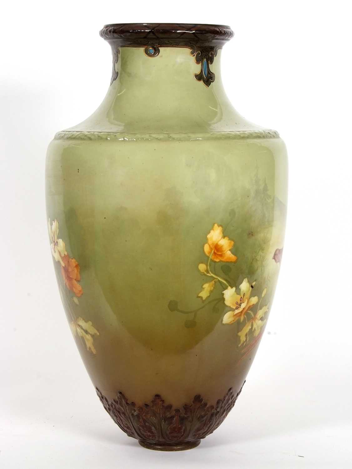 A very large Art Nouveau style vase, the green ground painted with pheasants and flowers, probably - Image 4 of 9