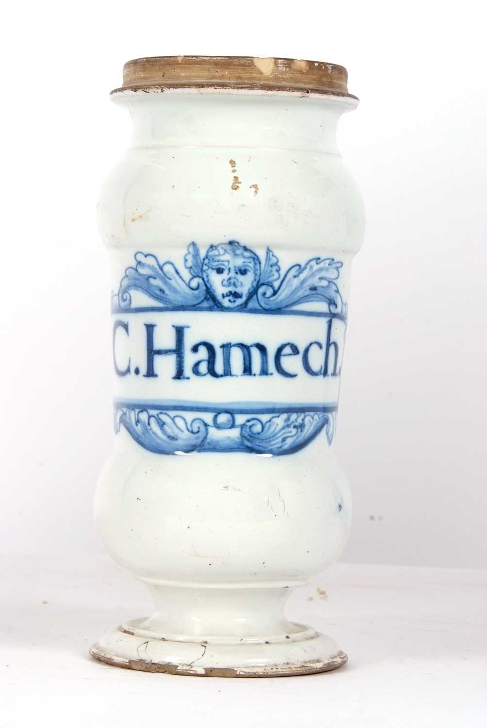 An 18th Century Delft drug jar with central cartouch entitled C.Hamech, 24cm high 2 chips to base ( - Image 3 of 5