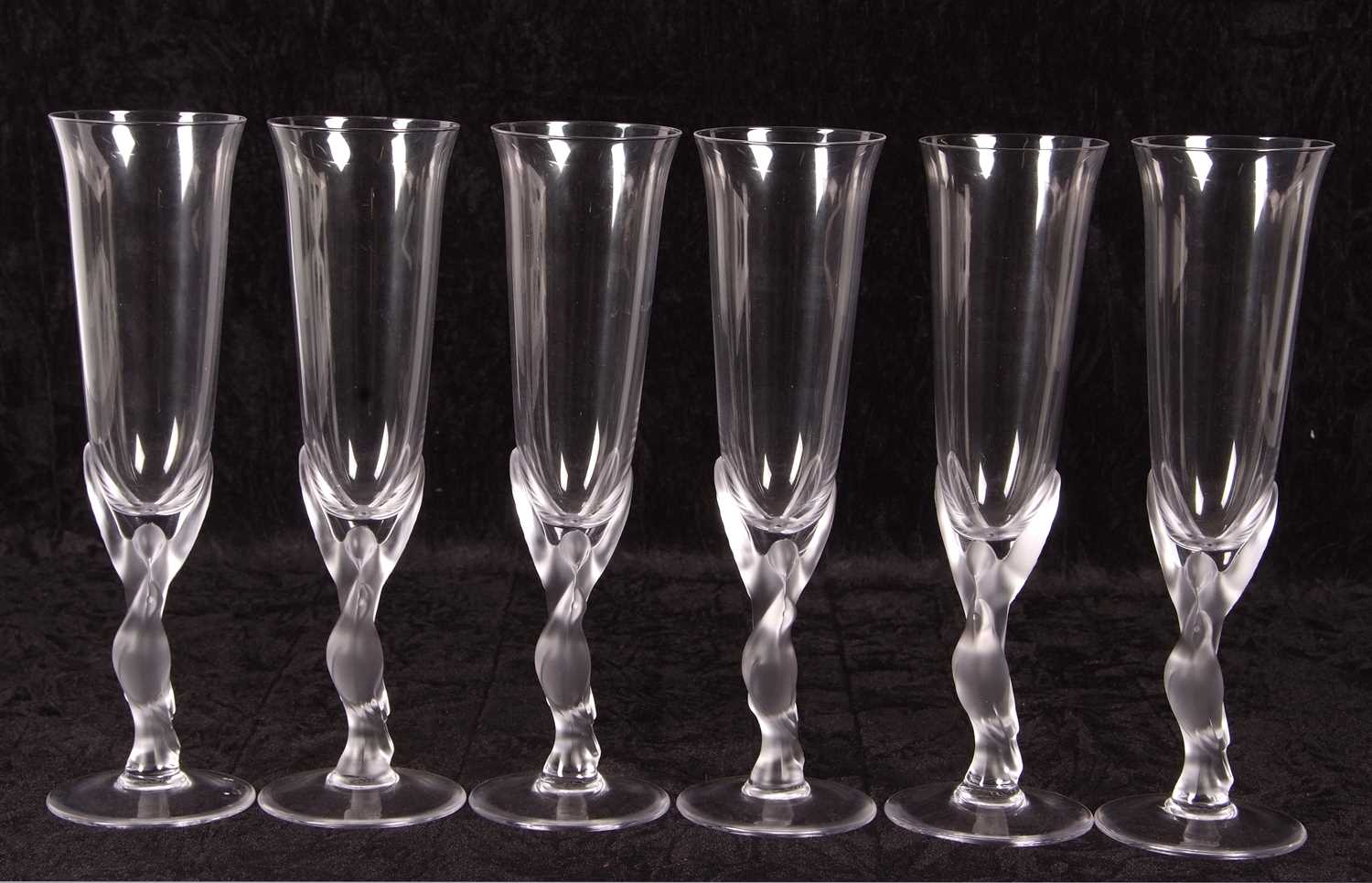 A set of Carl Faberge crystal glass champagne flutes, the bowls mounted on frosted kissing doves - Image 2 of 4