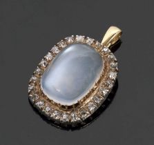 A moonstone and diamond pendant, the oval moonstone cabochon in a collet and claw mount,