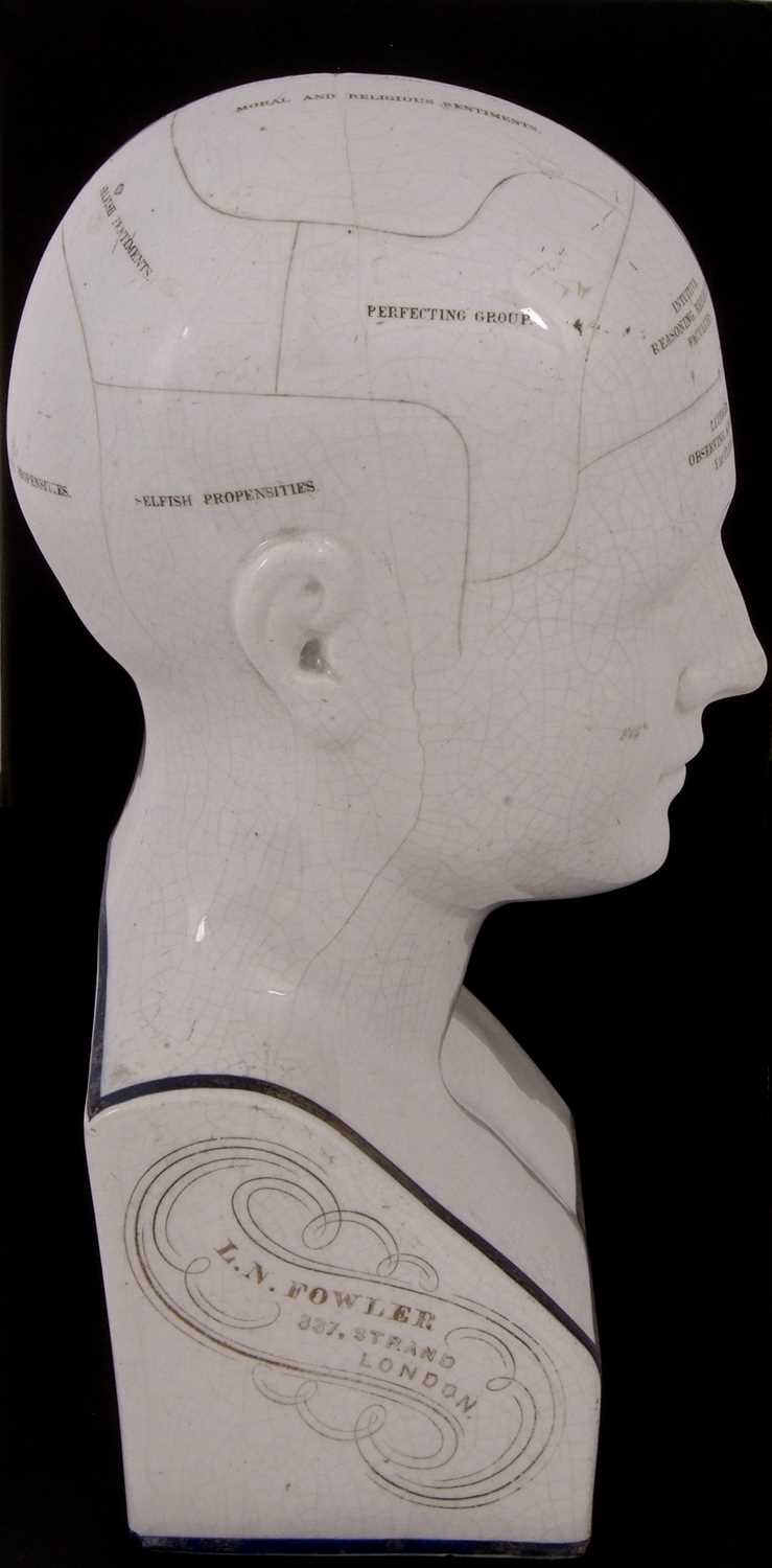 A LN Fowler ceramic phrenology head, late 19th Century, typically delineated with title to front and - Image 6 of 10