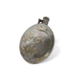 A Victorian silver-gilt spirit flask of oval form, the front elaborately decorated with a bird in