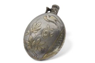 A Victorian silver-gilt spirit flask of oval form, the front elaborately decorated with a bird in