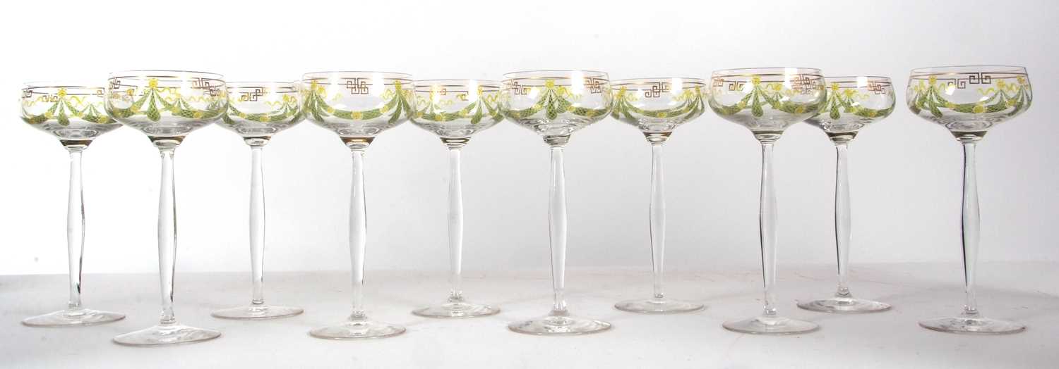 A set of ten Art Nouveau Thereisenthal enamelled hock glasses, each glass has a fine gold enamel - Image 3 of 3