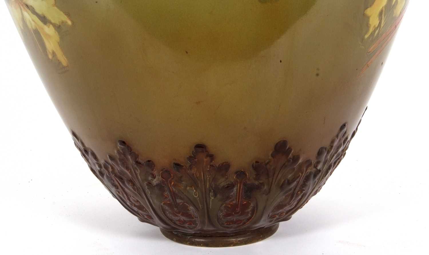A very large Art Nouveau style vase, the green ground painted with pheasants and flowers, probably - Image 6 of 9