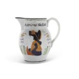 A Pratt Ware type jug modelled with Admiral Nelson in relief, the reverse with Captain Hardy, 15cm