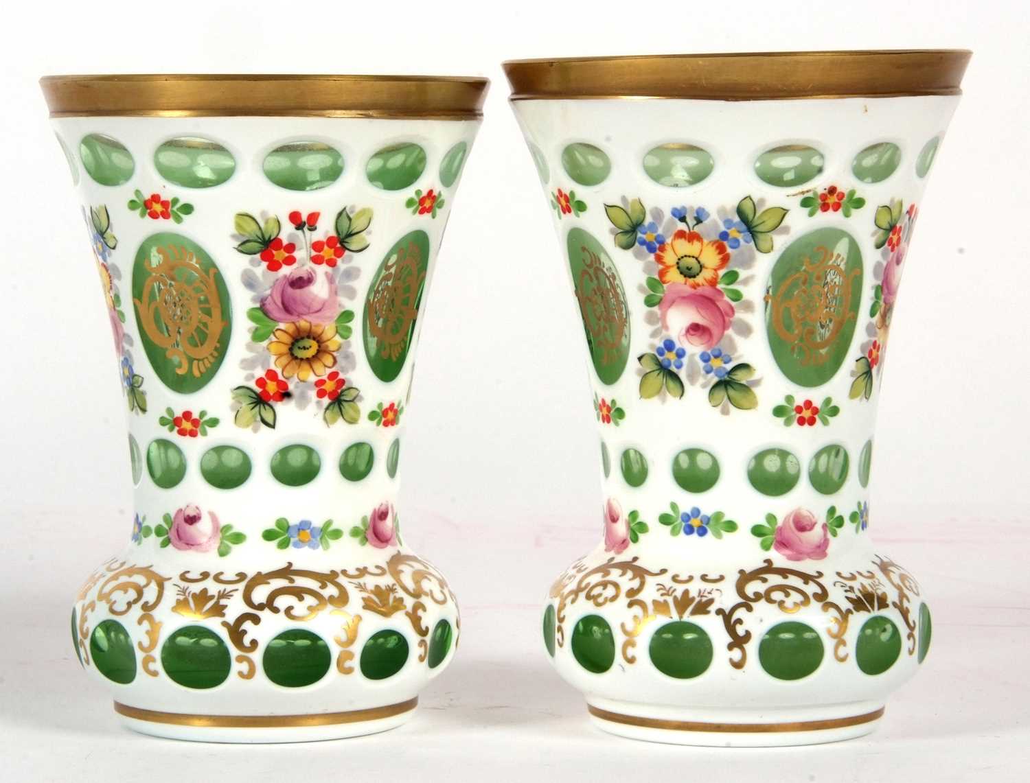 A pair of Bohemian style vases, the white flashed ground decorated with floral sprays, - Image 2 of 3