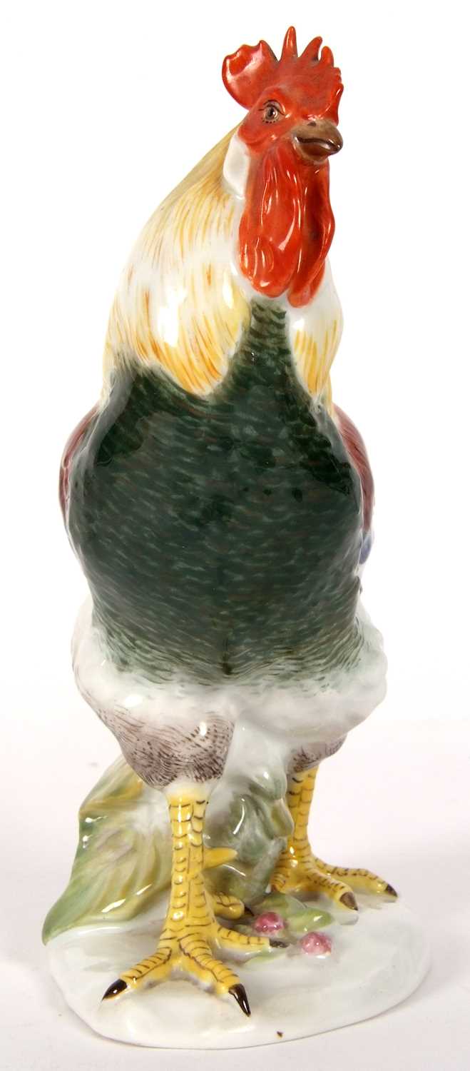 A 20th Century Meissen model of a cockerel, 18cm high, blue cross swords mark to base and - Image 3 of 6