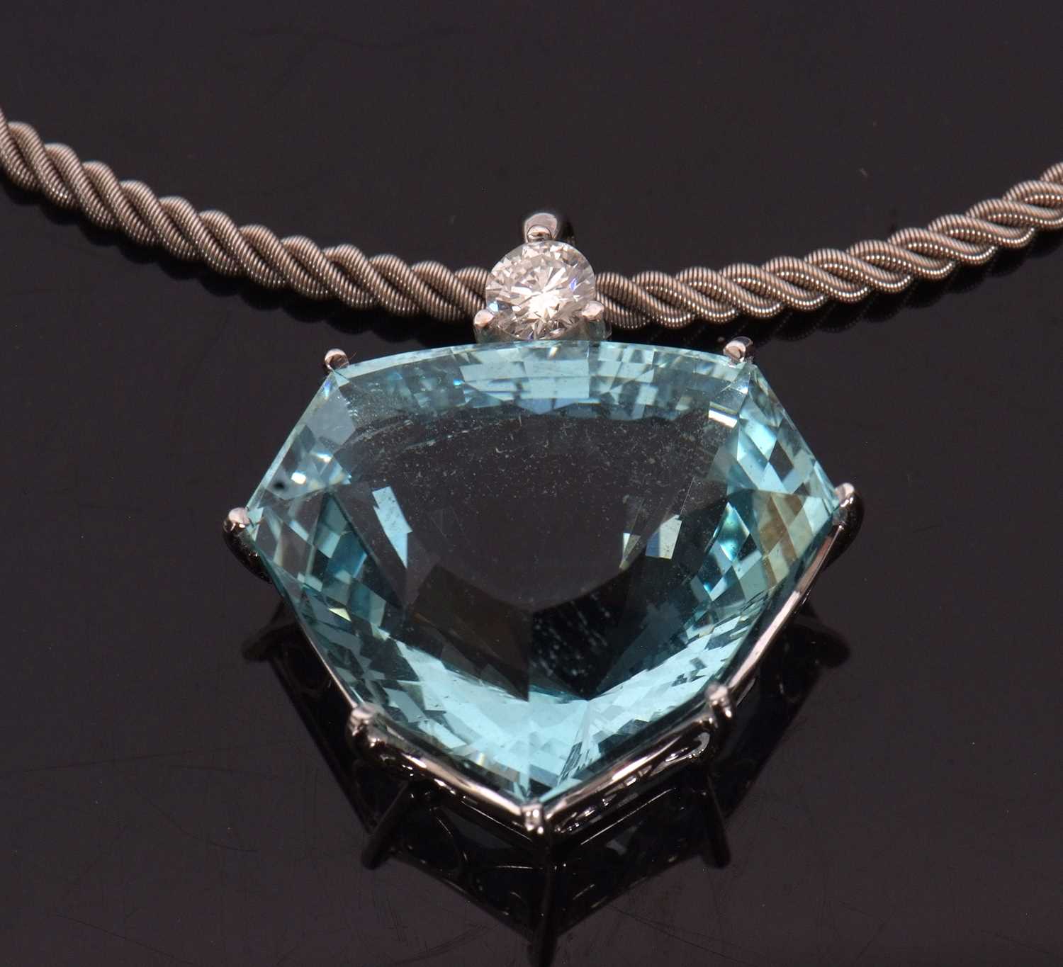 An aquamarine and diamond necklace, the heart shaped mixed cut aquamarine, approx. 37cts, claw - Image 3 of 10