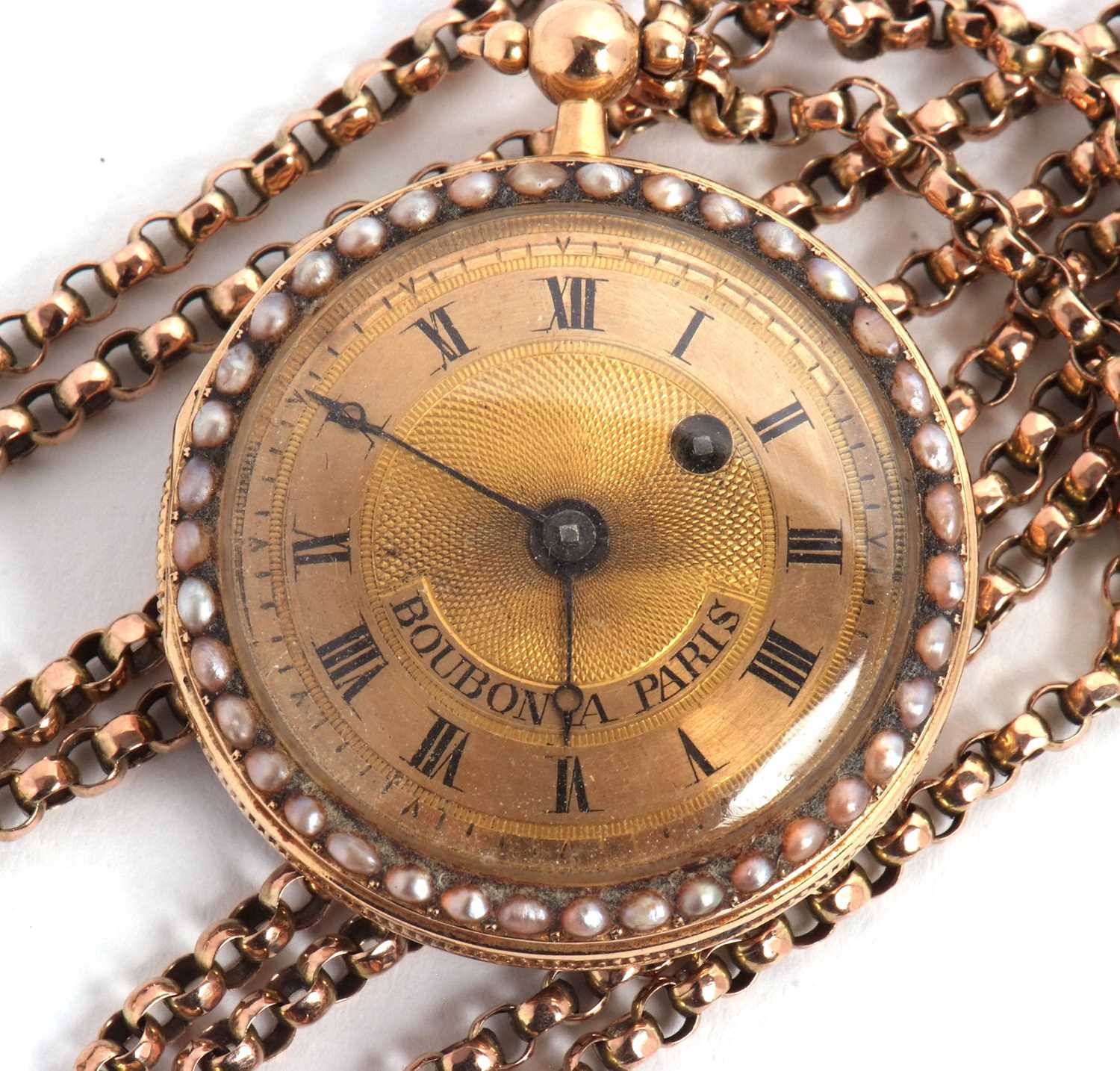 A Boubon a Paris mid grade yellow metal fob watch with chain, the pocket watch has a seed pearl - Image 7 of 9