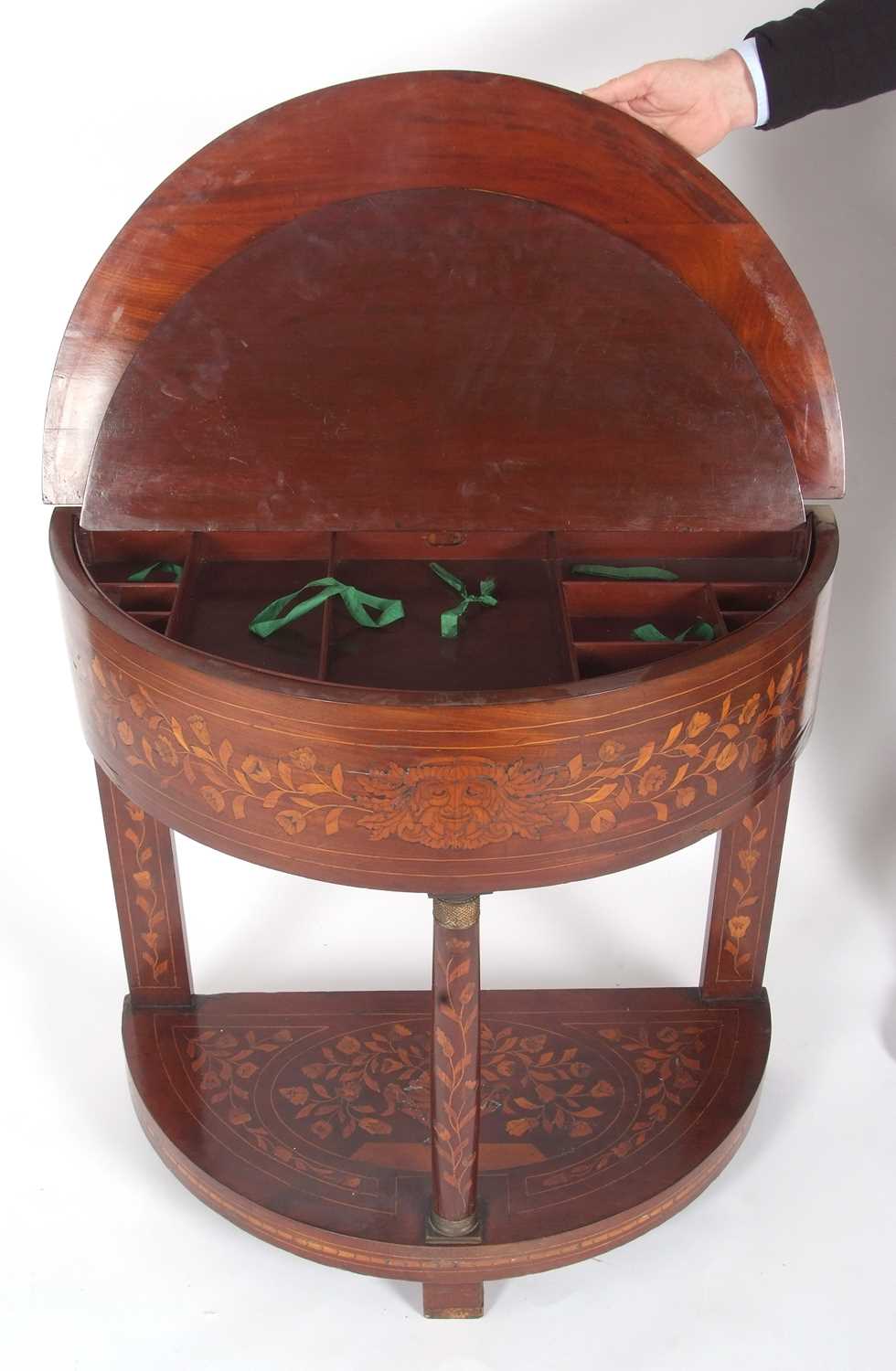 An early 19th Century Dutch demi lune box side table, the hinged top opening to reveal a lifting - Image 4 of 5