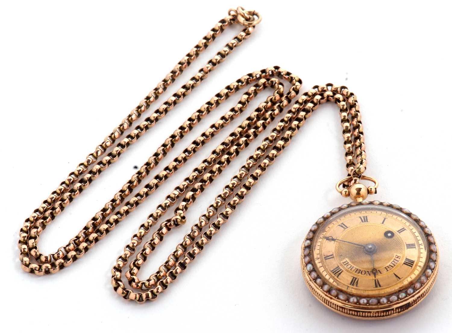 A Boubon a Paris mid grade yellow metal fob watch with chain, the pocket watch has a seed pearl - Image 5 of 9