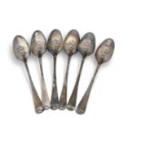 Set of six George III silver picture back teaspoons circe 1770, the reverse of each bowl decorated