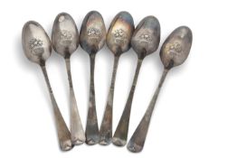 Set of six George III silver picture back teaspoons circe 1770, the reverse of each bowl decorated