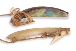 New Zealand Maori Fishing Lure (Pa KahawaI), wooden and abalone shell with horn hook and bound ends,
