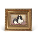 A gilt framed porcelain plaque of Pekingese dogs one of silken thread entitled Thimble and the other