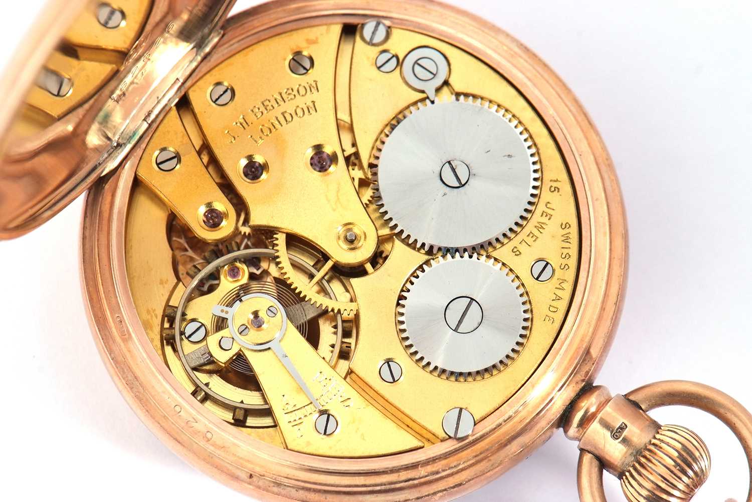 A 9ct gold J W Benson pocket watch with a 9ct gold trombone link chain, the pocket watch has a - Image 9 of 9