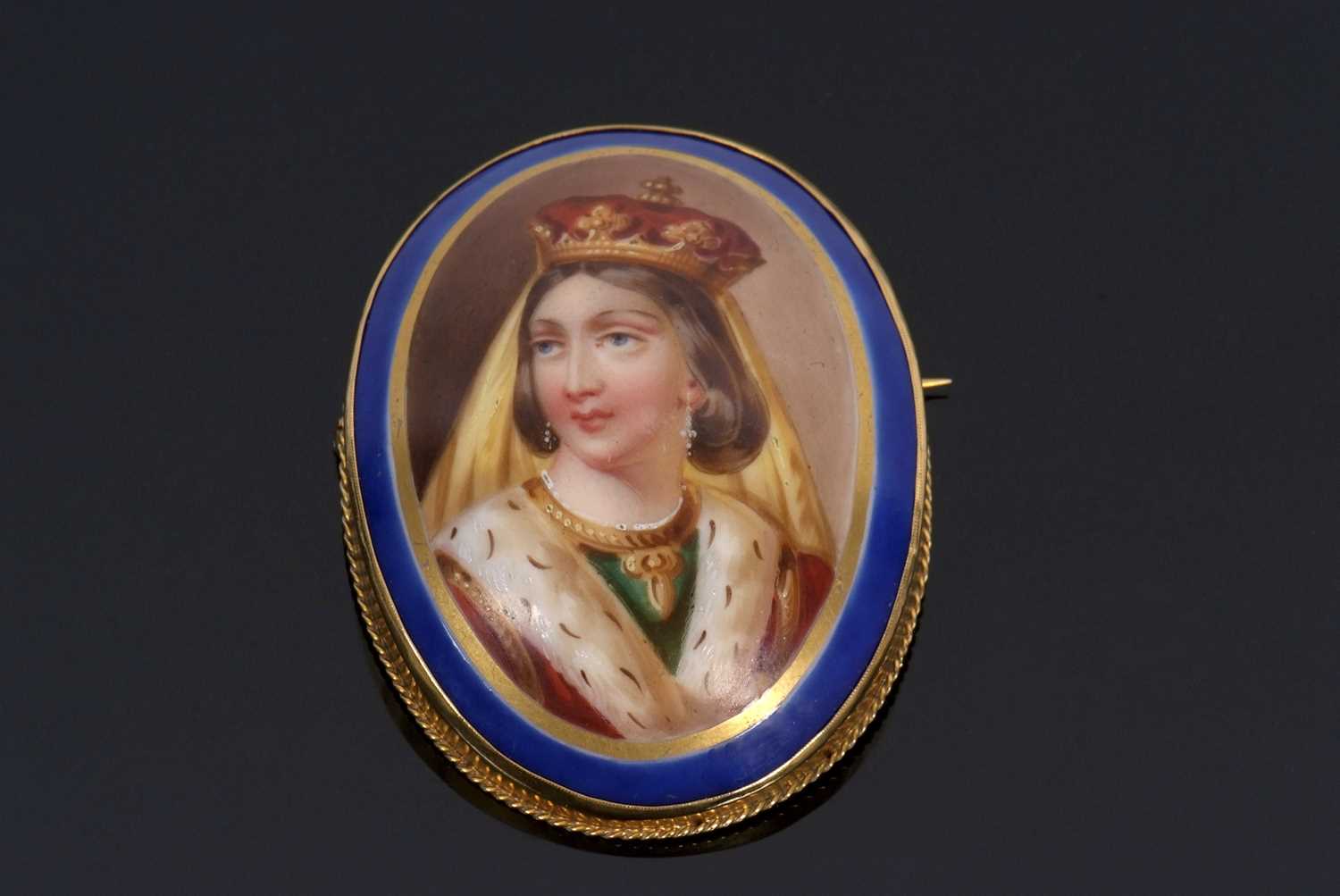 A 19th century continental portrait brooch, the oval Sevres style portrait of a royal lady with dark